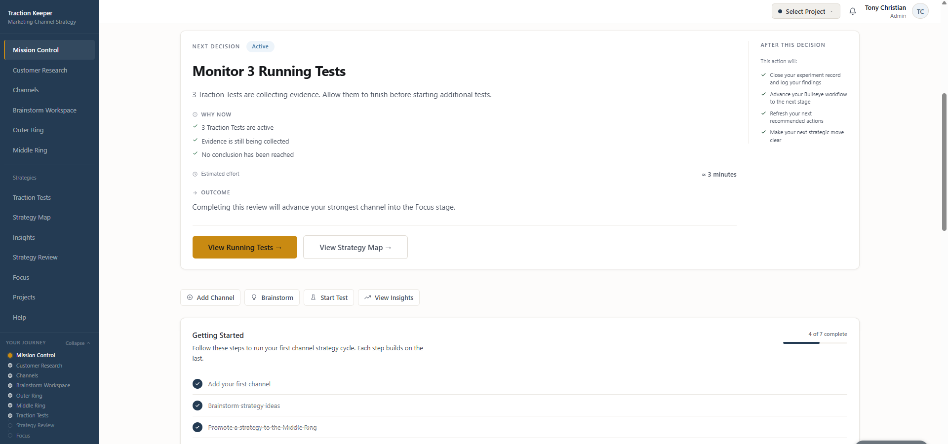 Traction Keeper Mission Control showing three active marketing experiments and the recommended next decision